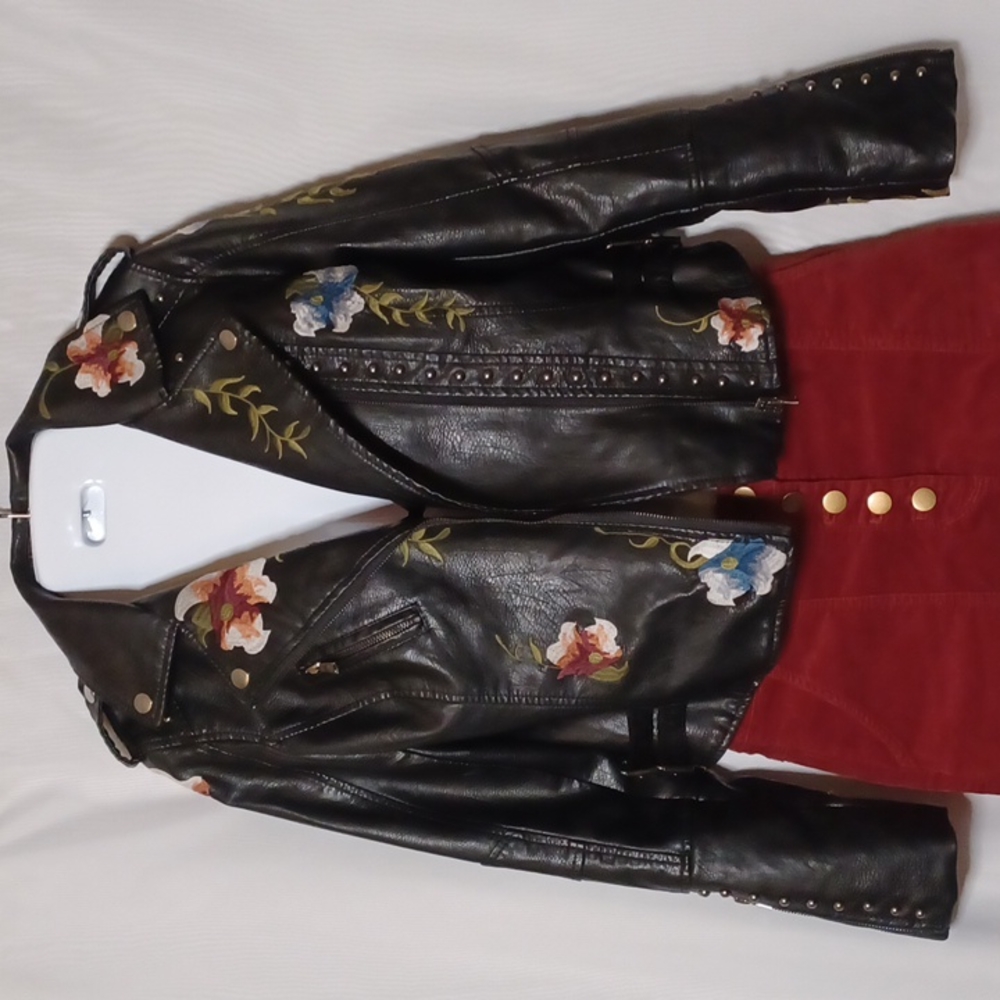 Caroline Morgan. Black Faux Leather Biker Embroidery Jacket.